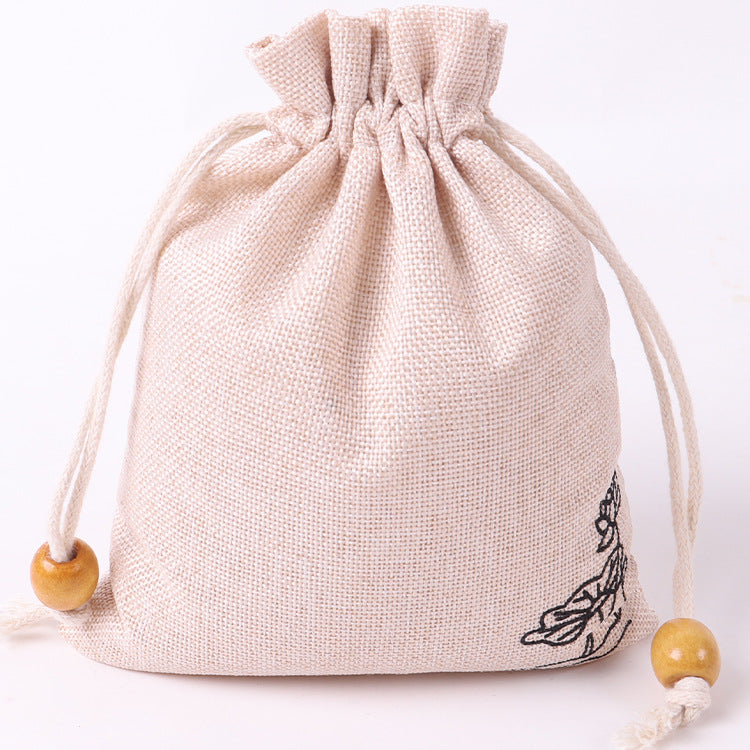 Burlap Drawstring Pouch With Wooden Beads Decor